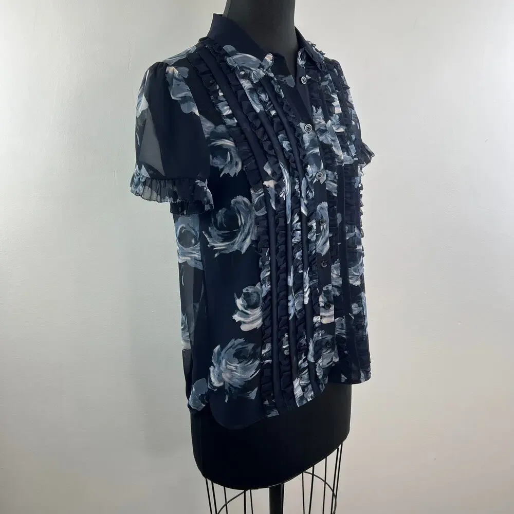 KATE SPADE Black Blue Top Night Rose Collared Ruffle Sleeve Button-Up Size Small